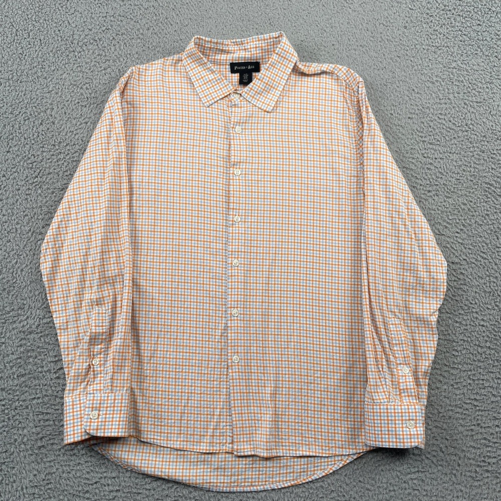 Porter + Ash Button Up Shirt Mens Medium Orange Plaid Long Sleeve Lyocell Blend